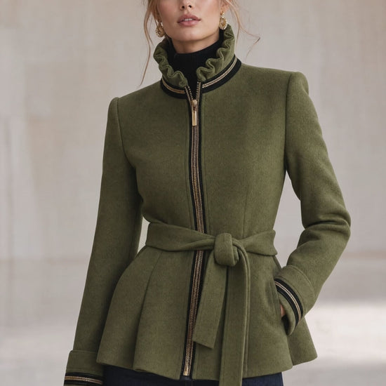 Simple Retro Stand-up Collar Ruffled Belt Olive Green Wool Zip-up Coat