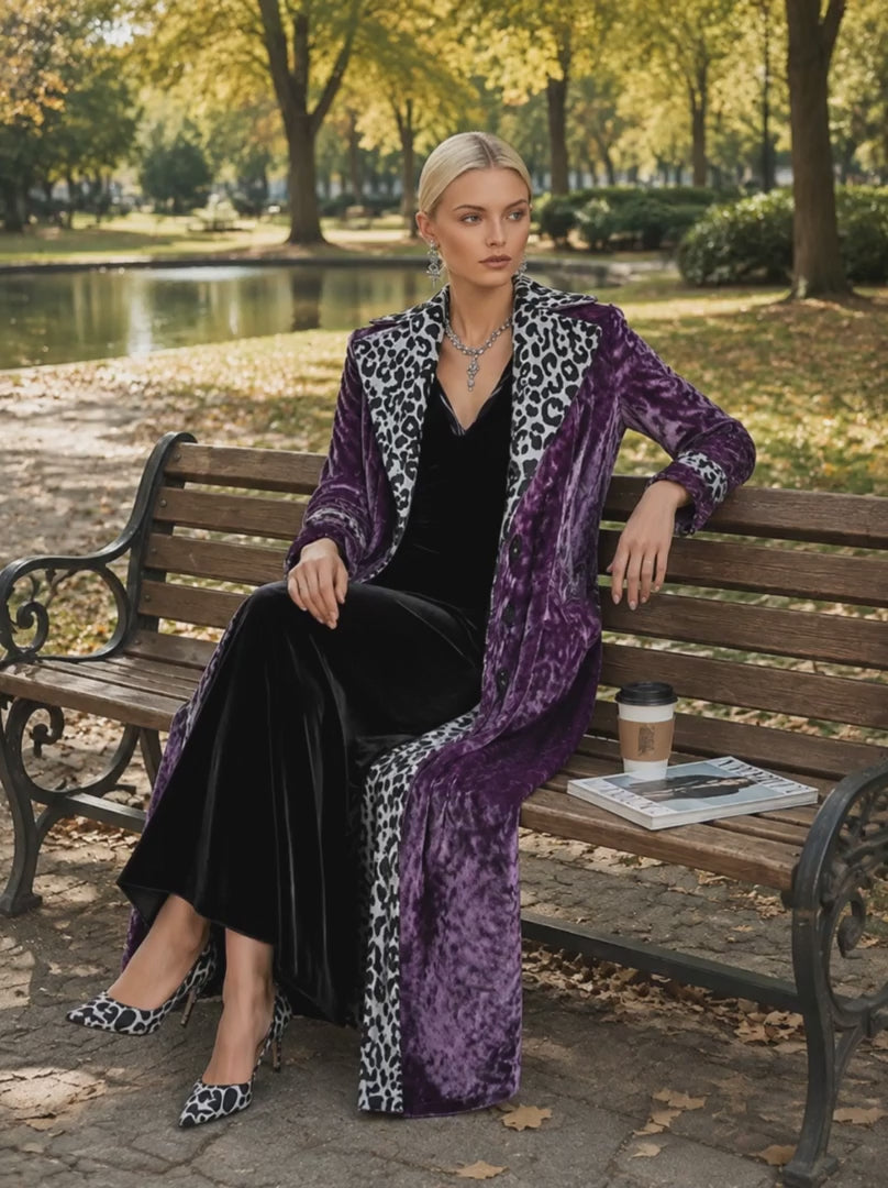 Vintage-style Leopard Print Lining Deep Plum-purple Velvet Coat