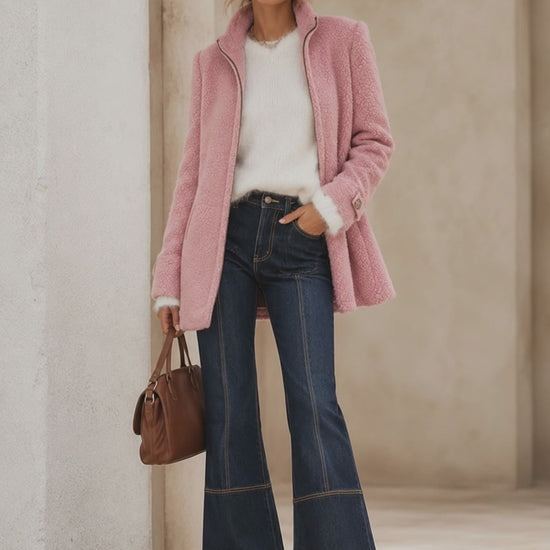 Casual Vintage Pink Polar Fleece Zip-Up Jacket Coat