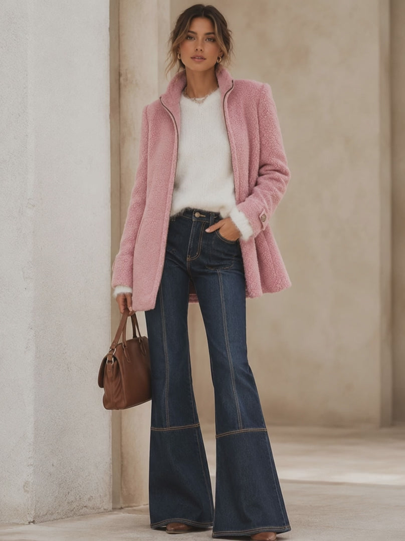 Casual Vintage Pink Polar Fleece Zip-Up Jacket Coat