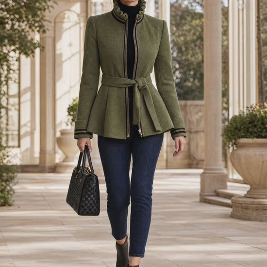 Simple Retro Stand-up Collar Ruffled Belt Olive Green Wool Zip-up Coat