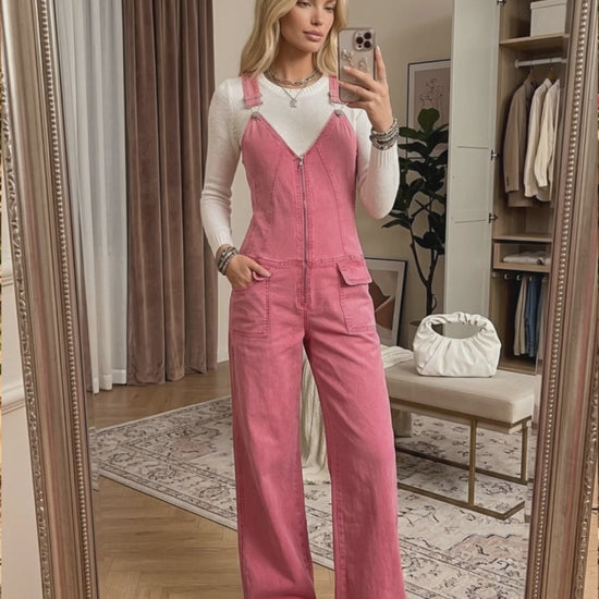 Retro Pink Denim Sleeveless Jumpsuit