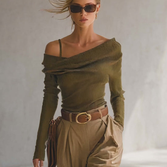 Olive Ribbed Knit Asymmetric Off-Shoulder Foldover Long-Sleeve Fitted Sweater Top Women