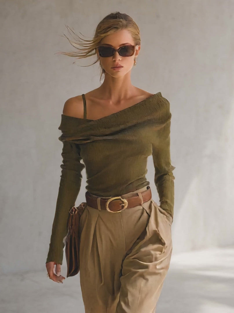 Olive Ribbed Knit Asymmetric Off-Shoulder Foldover Long-Sleeve Fitted Sweater Top Women