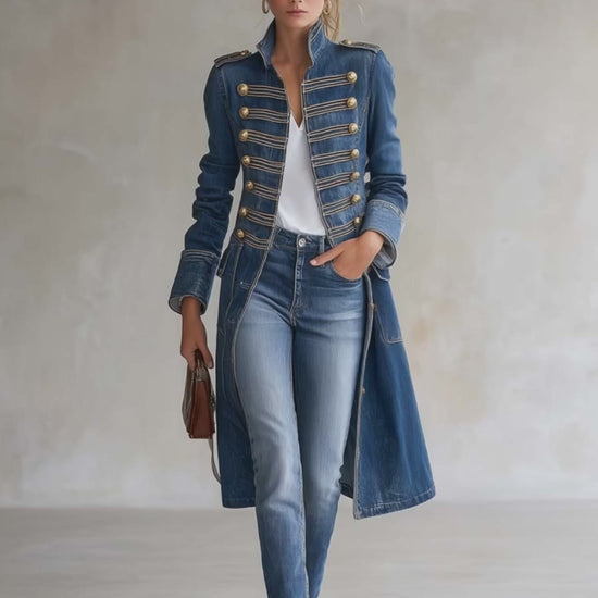 Vintage Washed Denim Military Officer Longline Gold-Button Fitted Statement Coat Women
