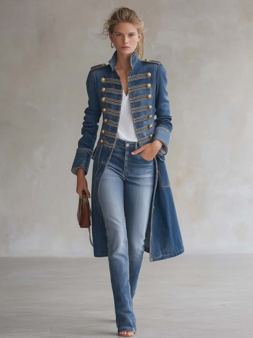 Vintage Washed Denim Military Officer Longline Gold-Button Fitted Statement Coat Women