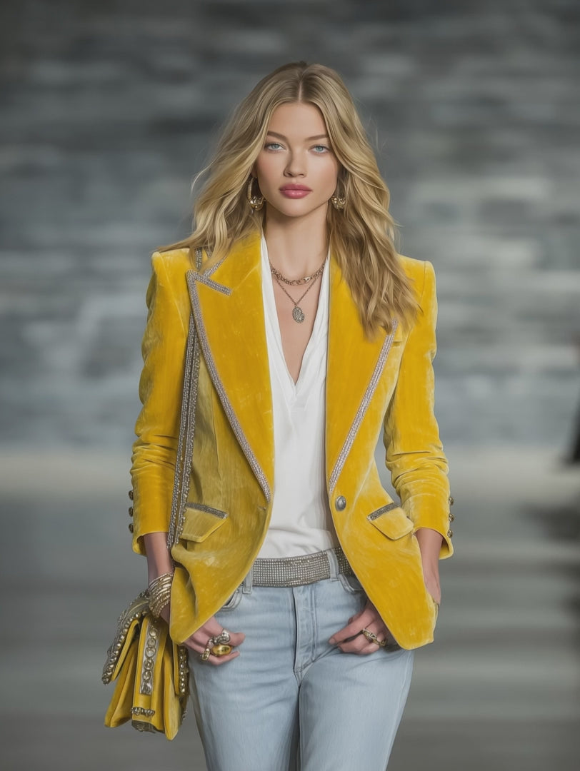 Vintage Silver-trimmed Multi-pocket Velvet Blazer
