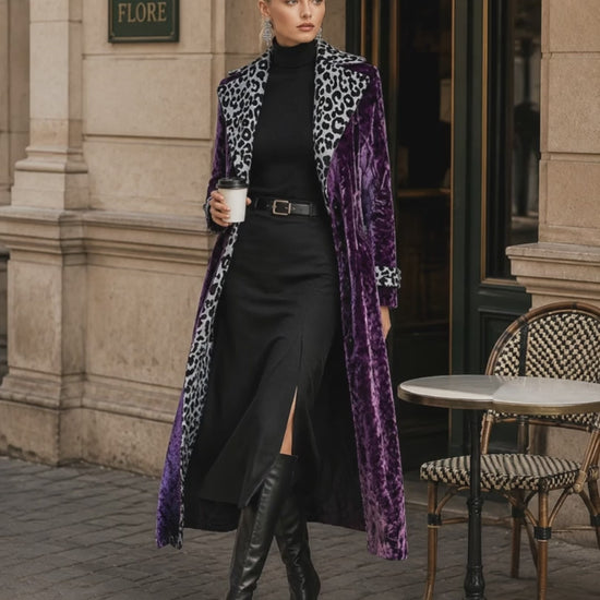 Vintage-style Leopard Print Lining Deep Plum-purple Velvet Coat