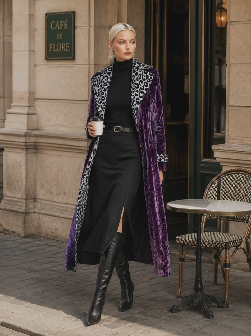 Vintage-style Leopard Print Lining Deep Plum-purple Velvet Coat