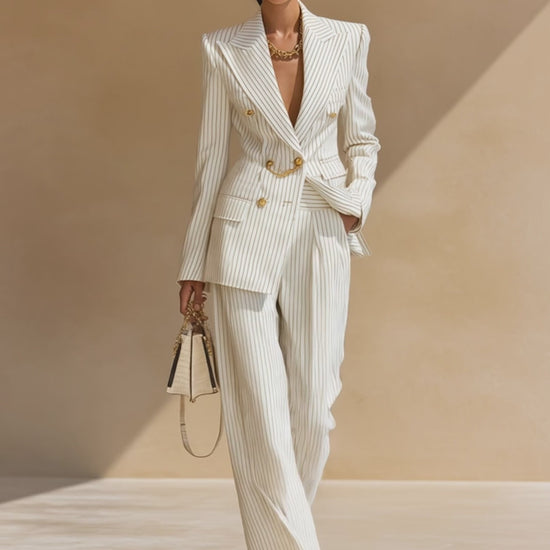 Retro-elegant Beige Striped Double-breasted Blazer