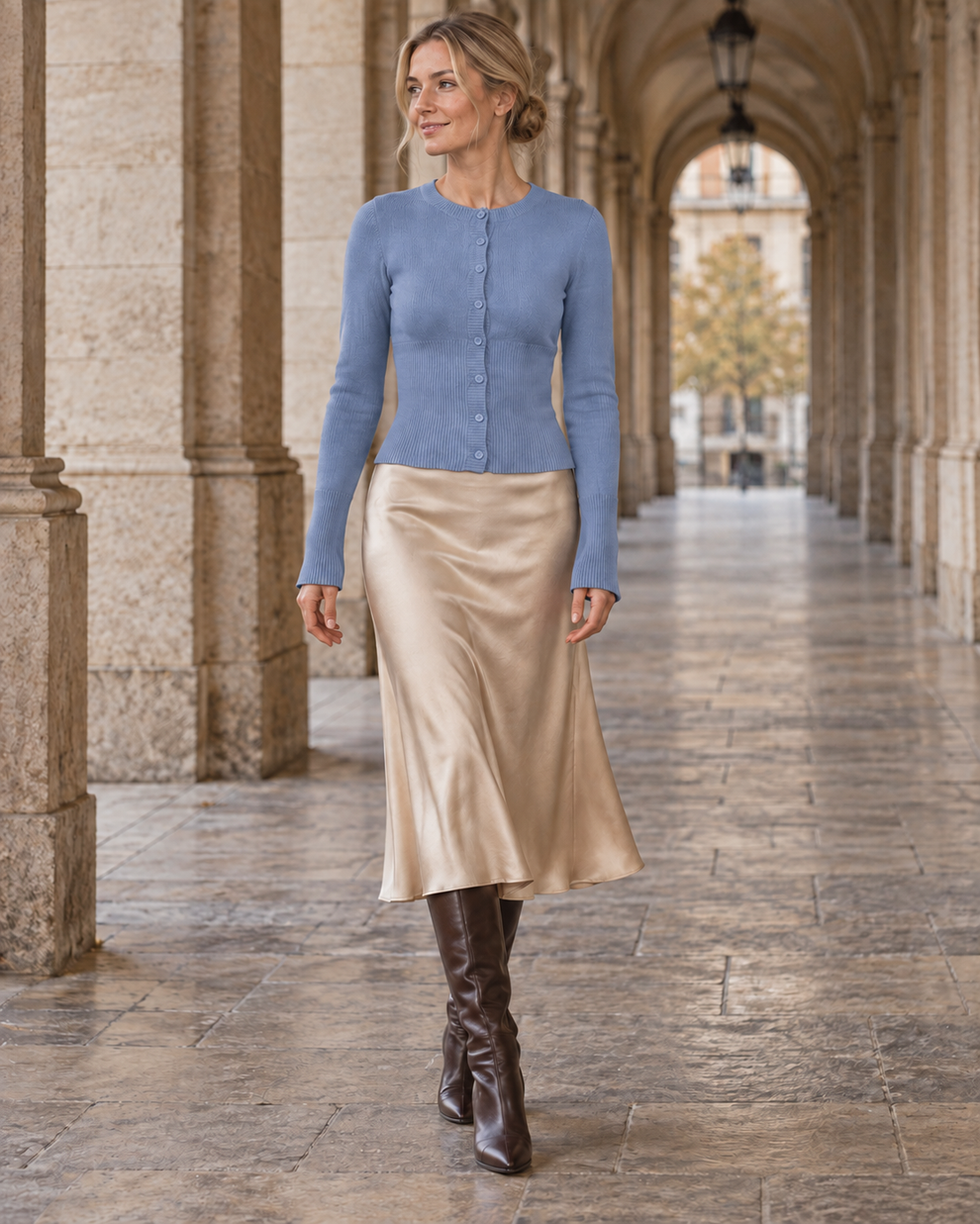 Woman wearing the sky blue colour of Ribbed Waist Button Cardigan