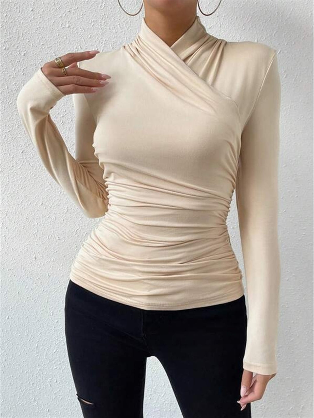 Cross-Over Collar Pleated Cinched T-Shirt — image 4