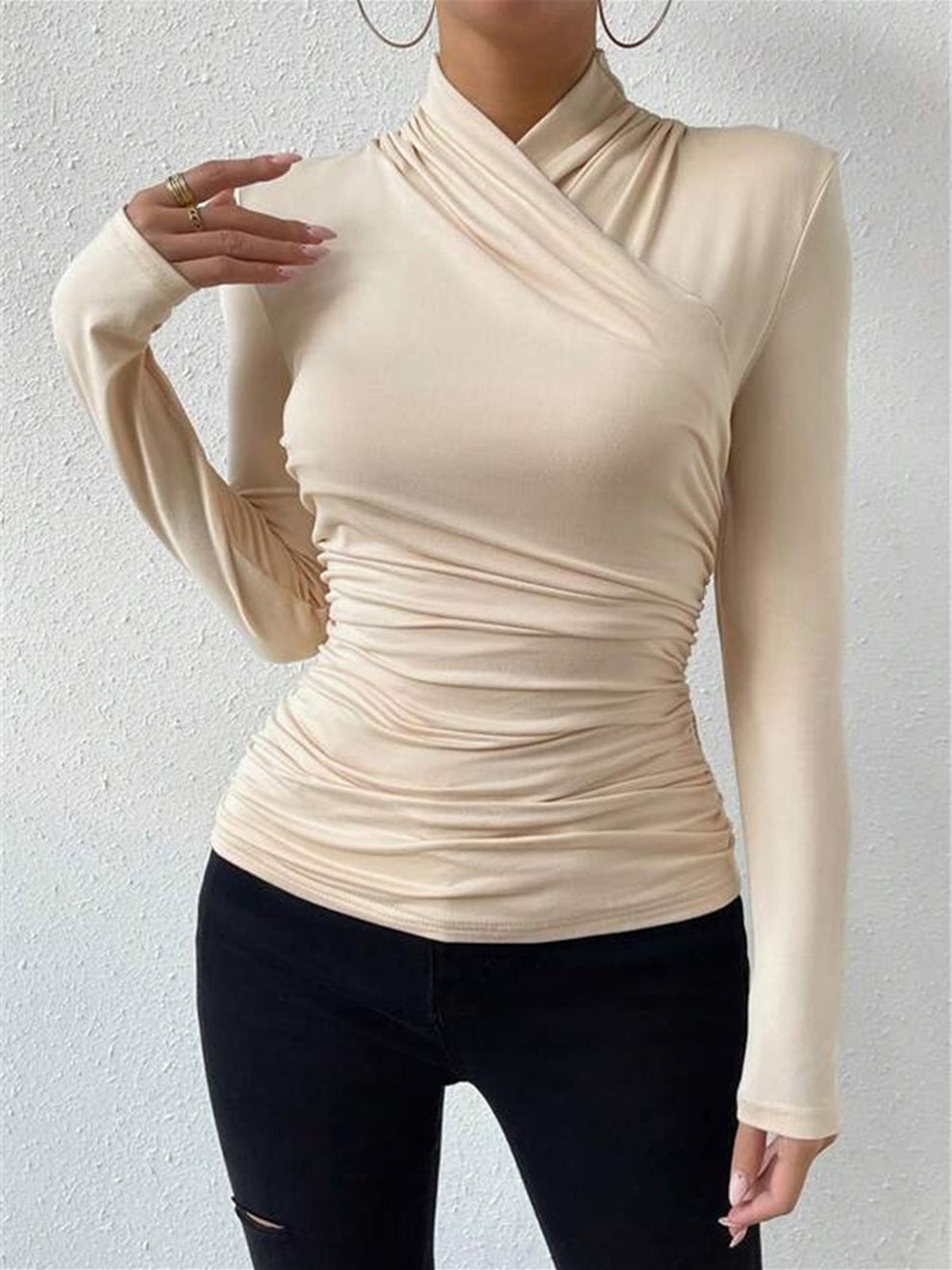 Cross-Over Collar Pleated Cinched T-Shirt — image 4