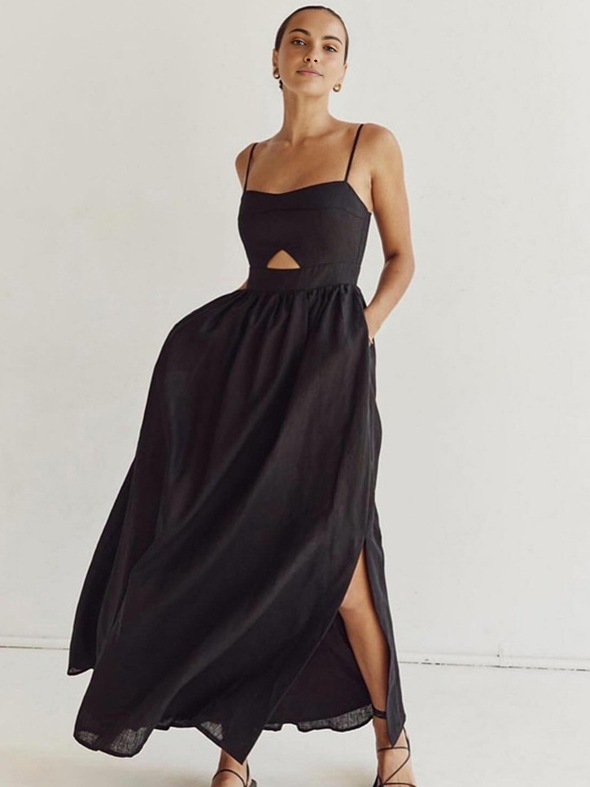 Cotton Sleeveless Pockets Cutout Long Dress — image 3