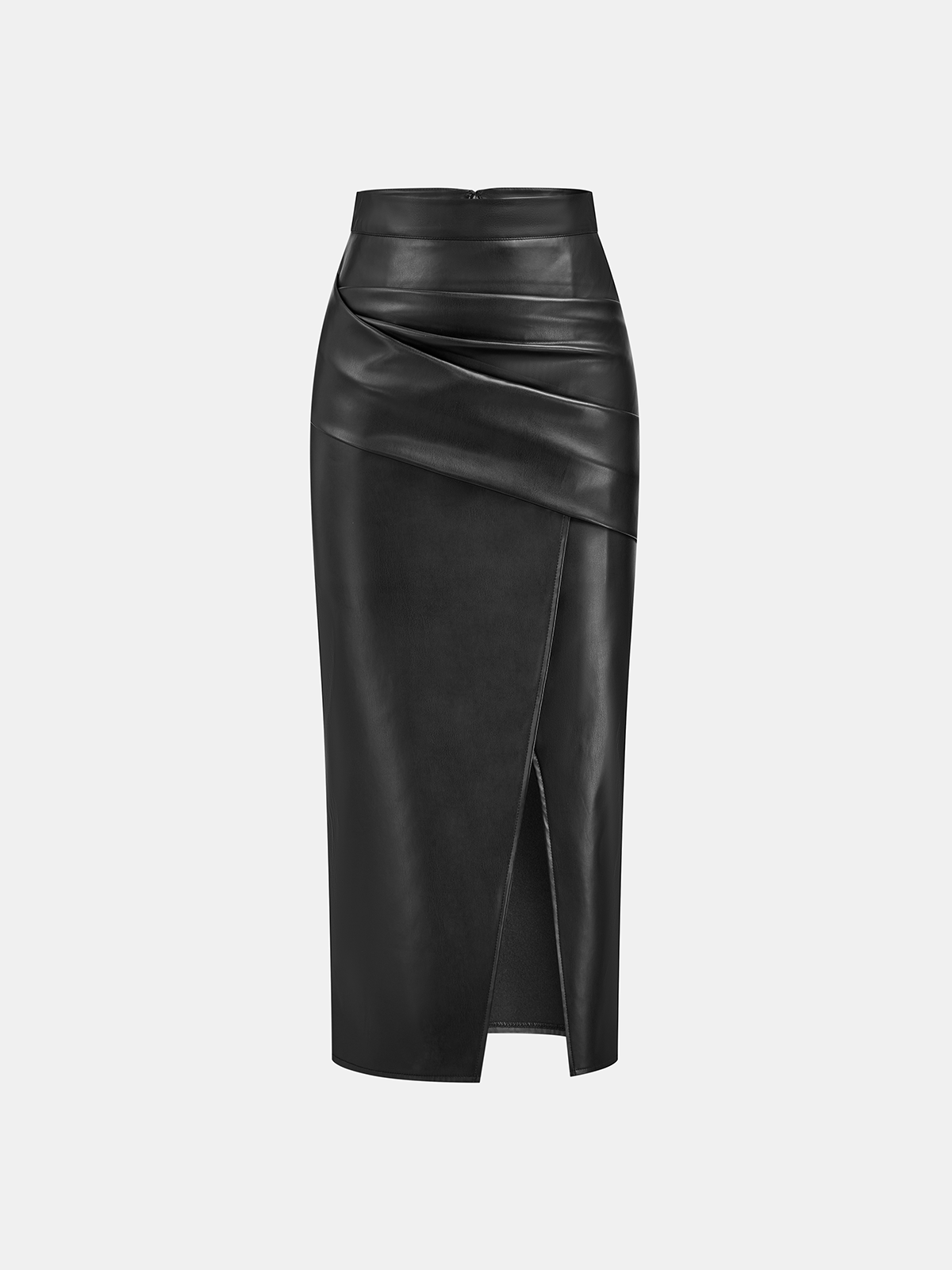 Ruched Slit PU Leather Midi Skirt — image 1