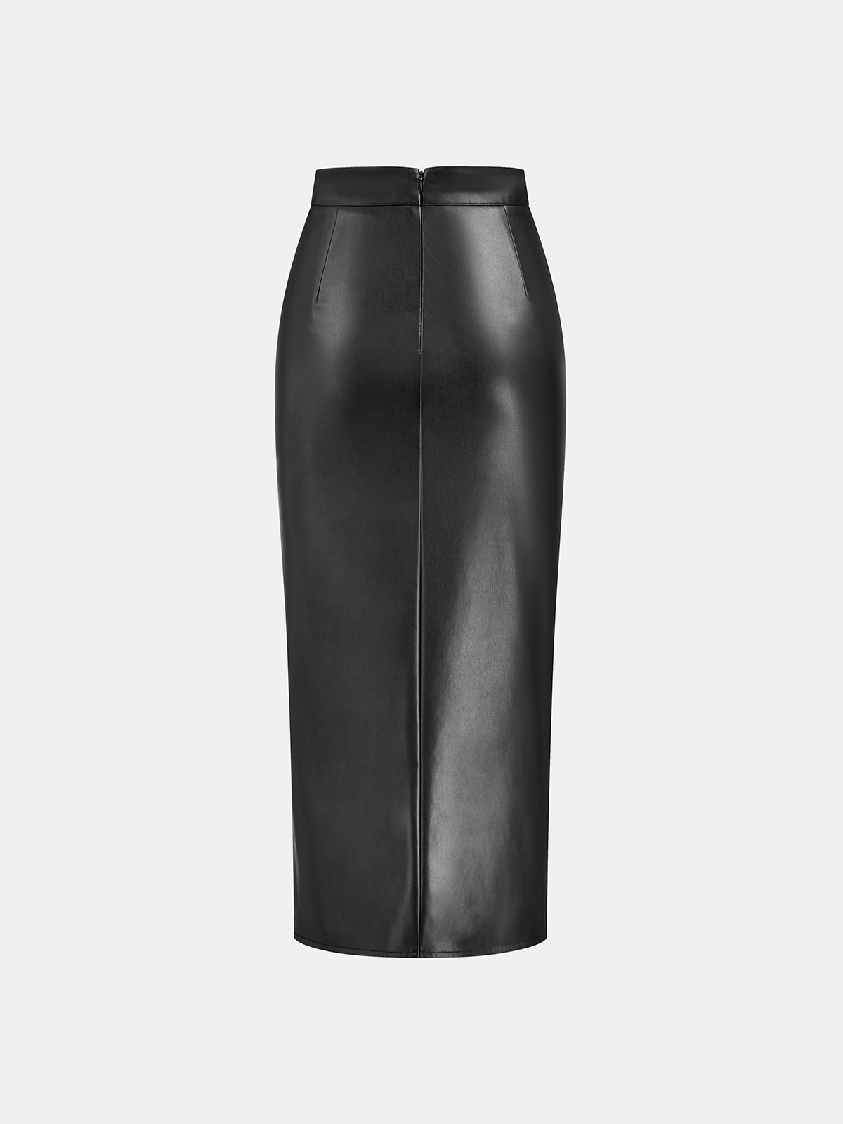 Ruched Slit PU Leather Midi Skirt — image 2