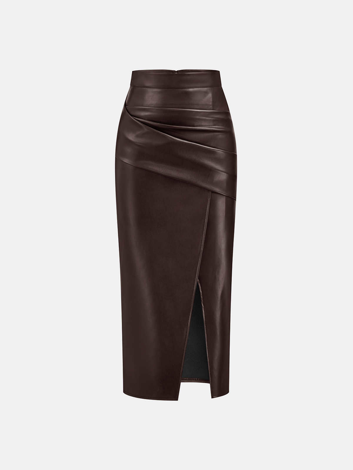 Ruched Slit PU Leather Midi Skirt — image 6