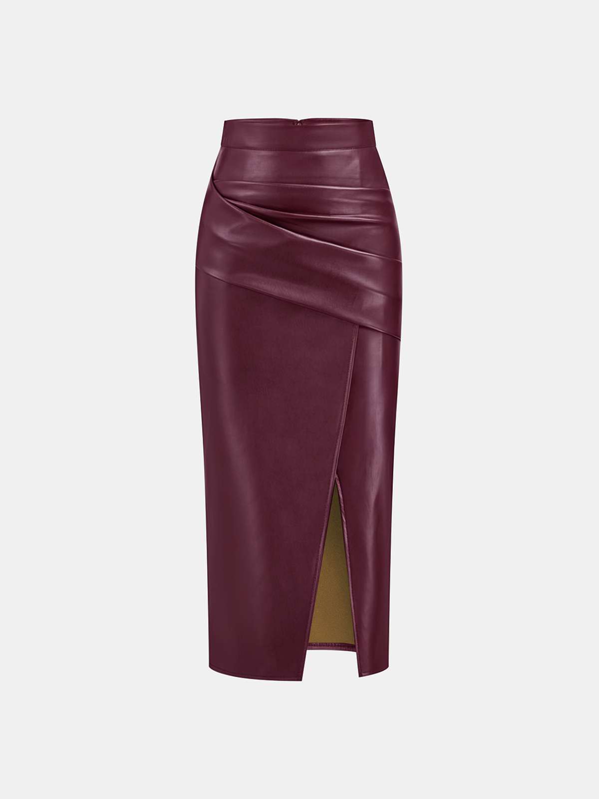 Ruched Slit PU Leather Midi Skirt — image 8