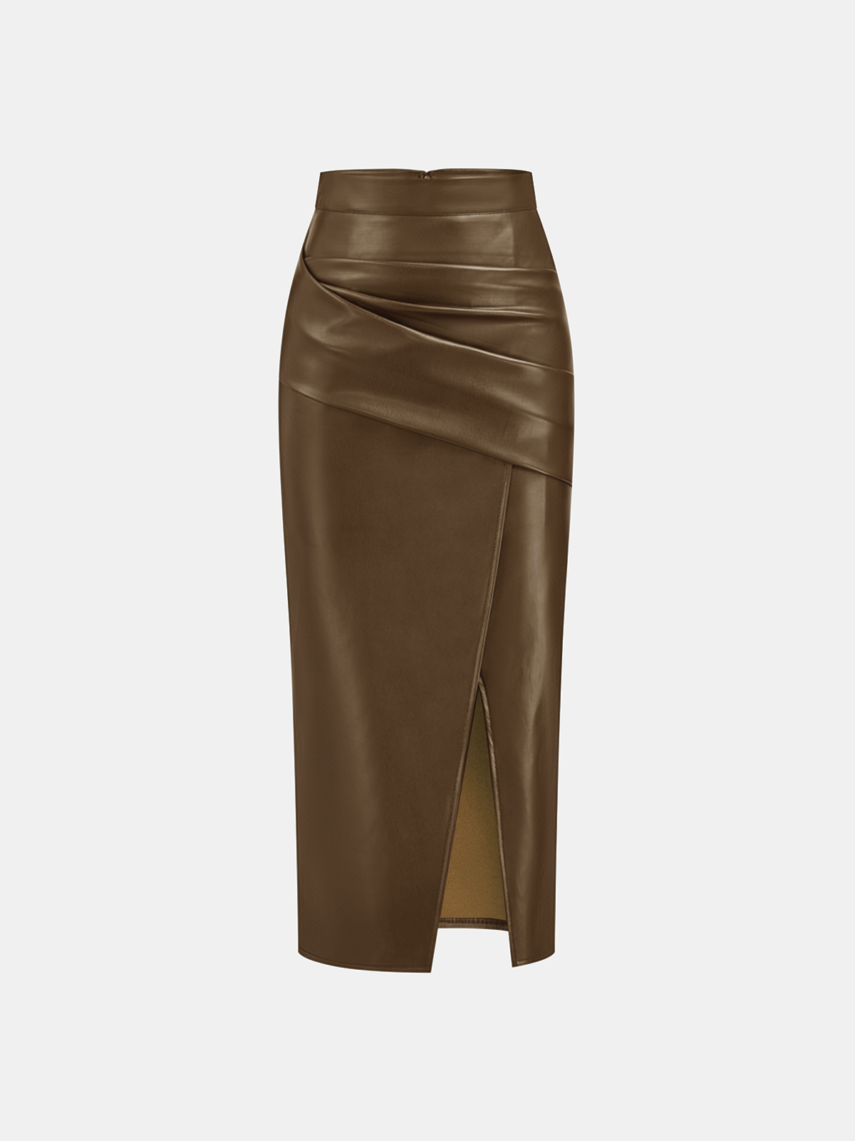 Ruched Slit PU Leather Midi Skirt — image 10