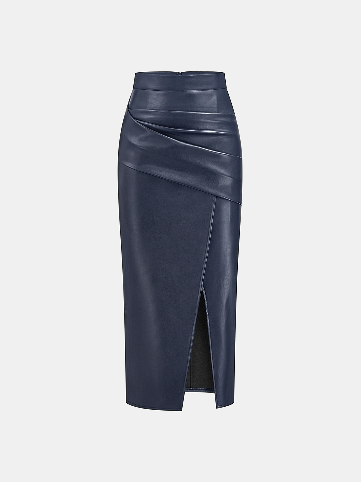 Ruched Slit PU Leather Midi Skirt — image 12
