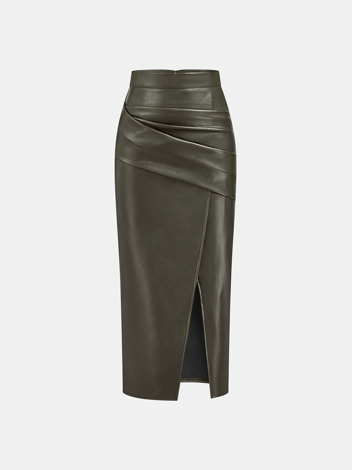 Ruched Slit PU Leather Midi Skirt — image 13
