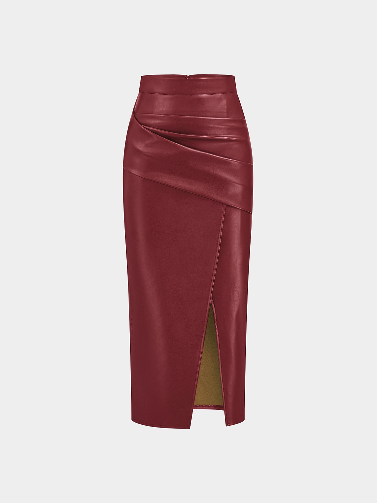 Ruched Slit PU Leather Midi Skirt — image 14