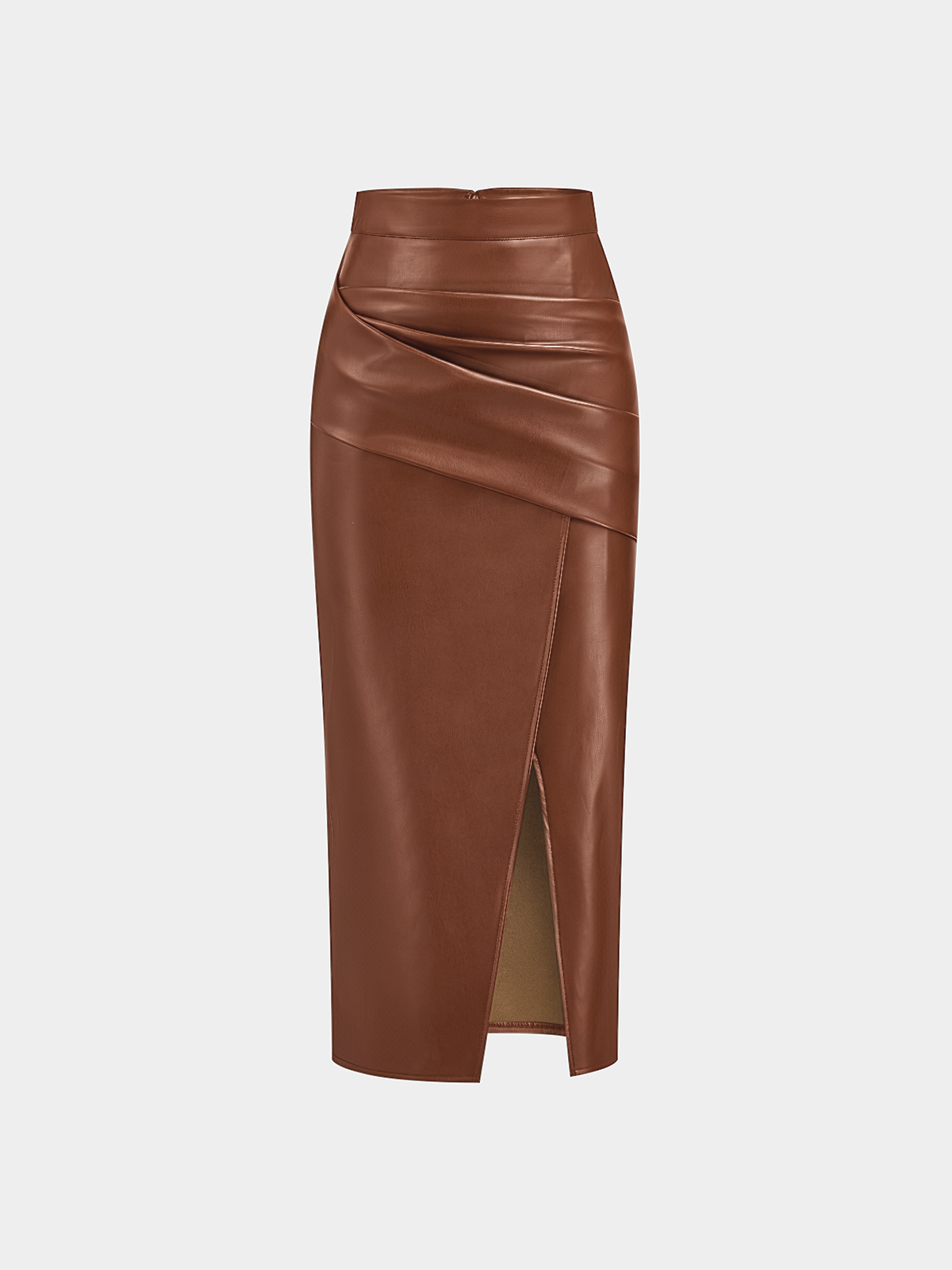 Ruched Slit PU Leather Midi Skirt — image 16
