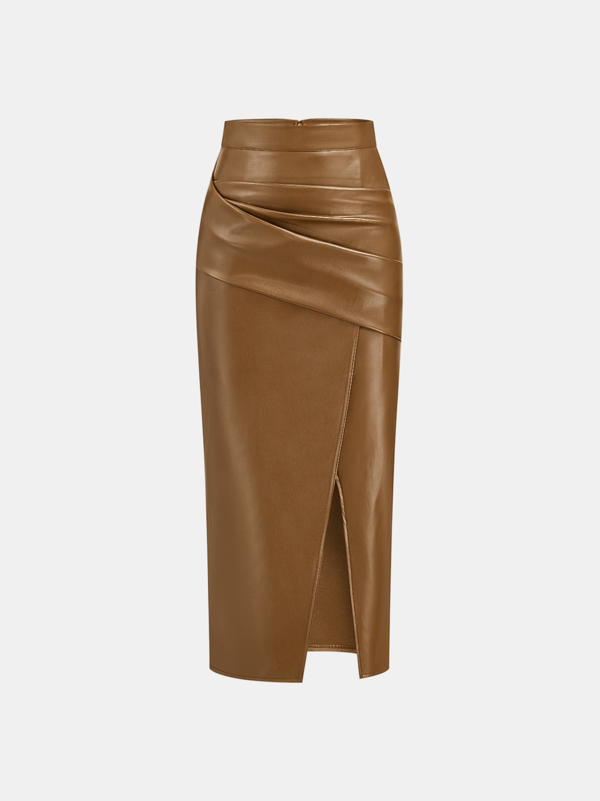 Ruched Slit PU Leather Midi Skirt — image 19