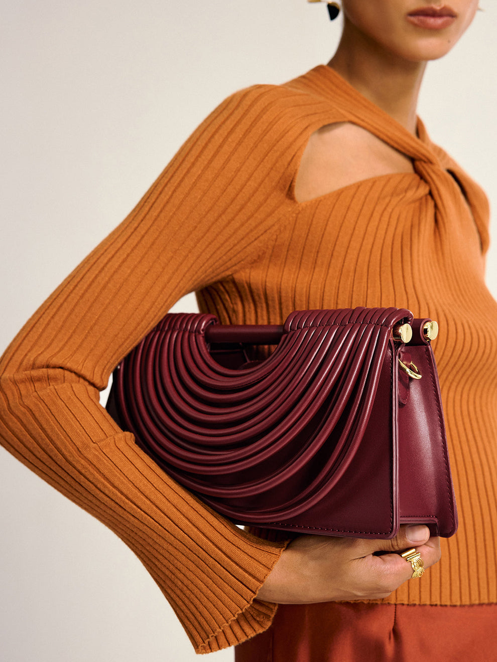 Curved Striped Handle PU Leather Bag, image 2