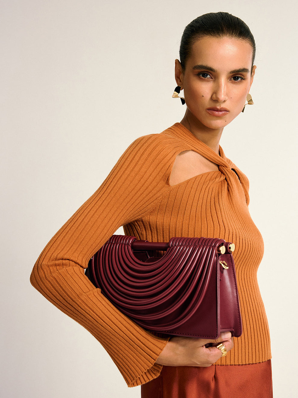 Curved Striped Handle PU Leather Bag, image 3