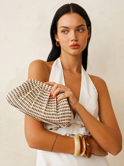 Houndstooth Woven Ruched Clutch Bag, image 1